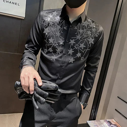 Hehope Star Rhinestone Men's Shirt Long Sleeve Slim Casual Shirt Black White Business Formal Dress Shirts Social Party Tuxedo Blouse