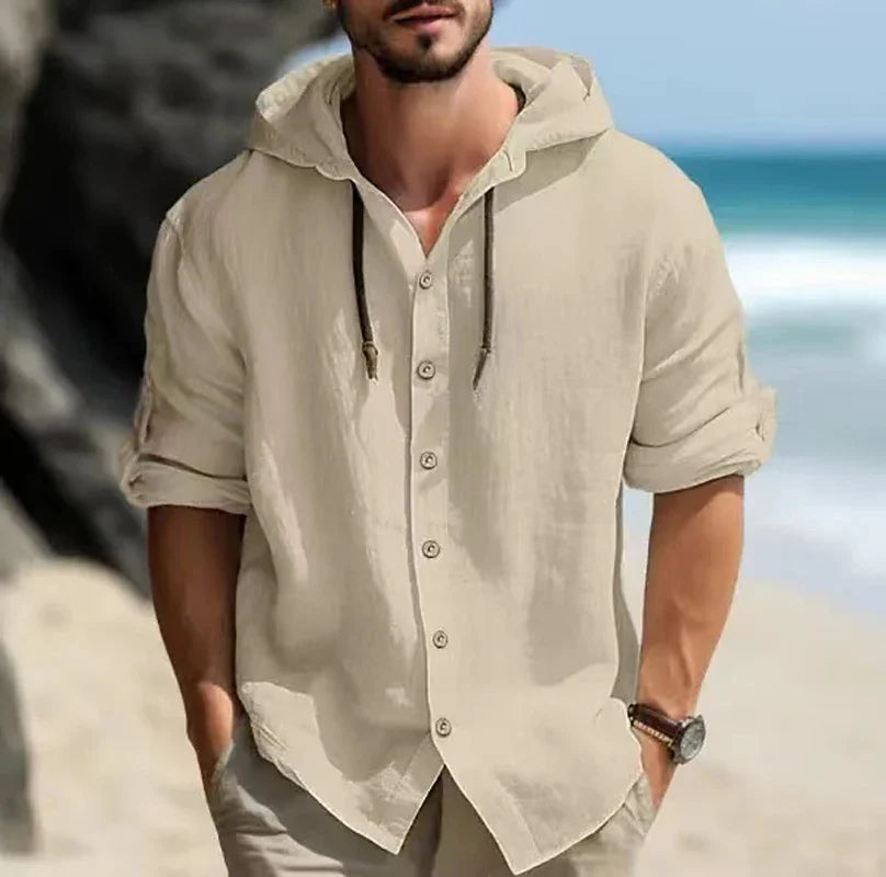 Hehope Summer Men Cotton Linen Shirt Solid Streetwear Long Sleeve Hoodie Cardigan Clothing For Male Tops Casual Loose Button Man Shirts