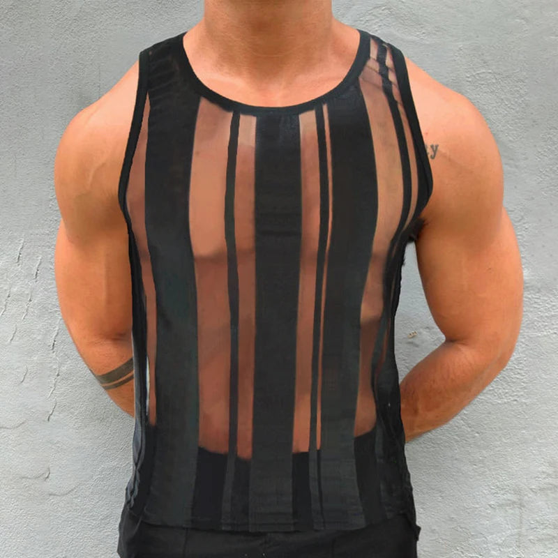 Hehope Sexy See Through Mesh Tank Tops Men Party Wear Slim Elastic Hollow Out Breathable Vest Mens 2024 Summer Fashion O Neck Camisoles