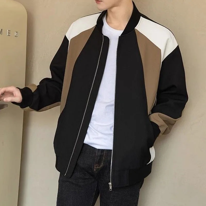 Hehope Spring and Autumn Fashion Trend High End Wrinkle Resistant Panel Contrast Loose Versatile Casual Round Neck Men's Baseball Coat