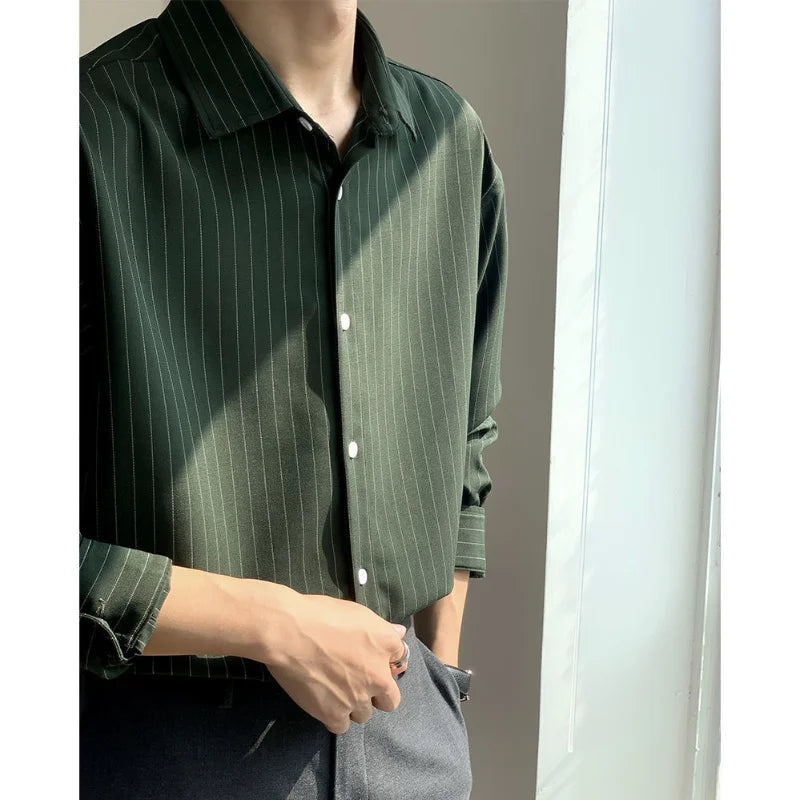 Hehope New Spring and Autumn High Grade Dark Green Striped Shirts for Men Long Sleeve Loose Business Casual Men Dress Shirt