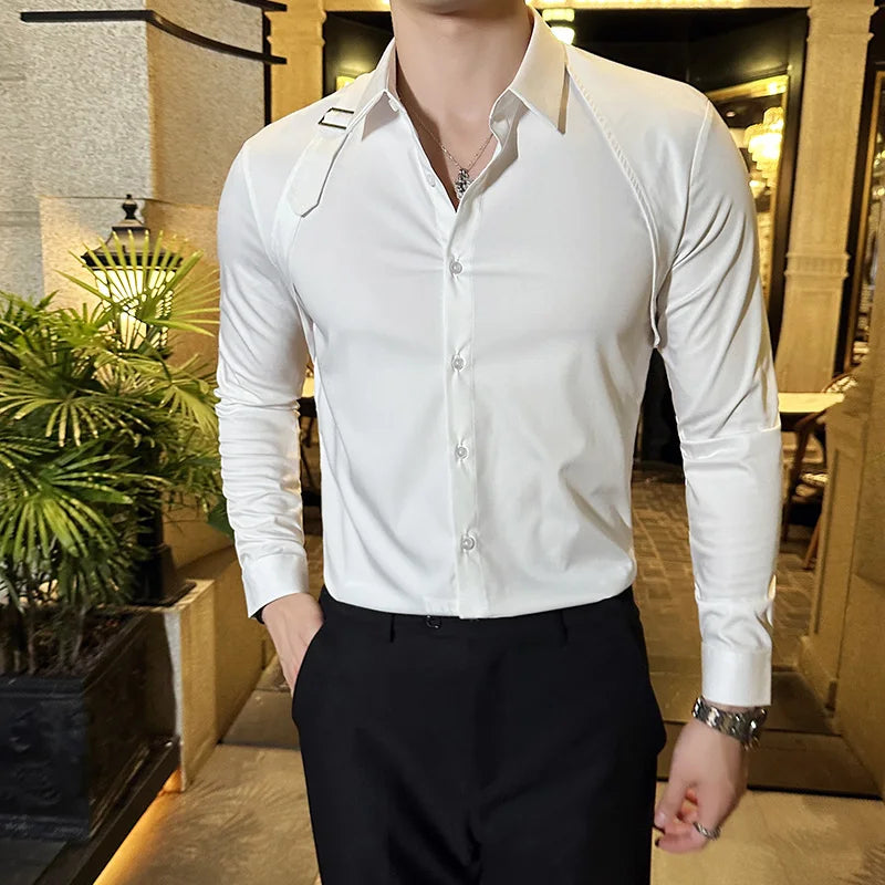 Hehope Men Dress Shirt Belt Design Long Sleeve Tuxedo Shirts for Men Clothing Slim Fit Business Fashion Formal Wear Chemise Homme