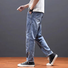 Hehope Jeans for Men Elastic Stretch Trousers Broken Male Cowboy Pants with Holes Torn Ripped Cropped Straight Aesthetic Retro Cotton