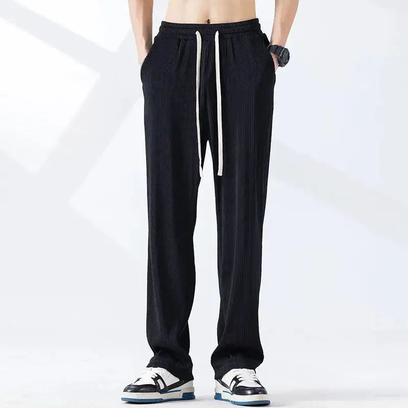 Hehope Summer Thin Trendy Loose Ice Silk Casual Straight Sports Pants Men's Solid Elastic Waist Pockets Drawstring Wide Leg Trousers