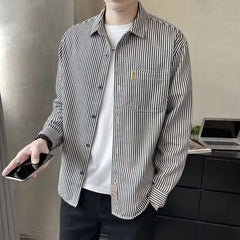 Hehope New Spring and Autumn Fashion Casual Loose Work Clothes Hong Kong Style Rash Handsome Polo Neck Stripe Long Sleeve Shirt