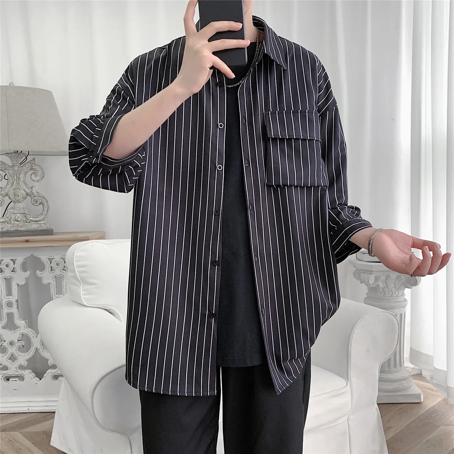 Hehope New Summer Striped Cargo Shirts Men Causal Three Quarter Sleeve Men's Oversized Japanese Vintage Loose Blouses