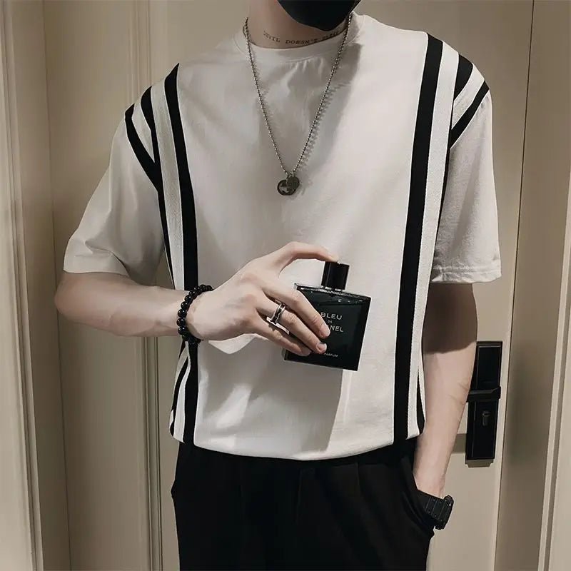 Hehope Men's Clothing Summer Korean High Street Striped Short Sleeve Oversized Streetwear T-shirts Y2K Male Casual Round Neck Tee Tops