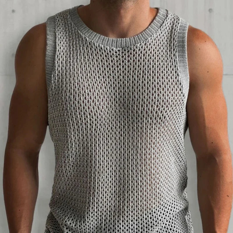 Hehope Sports Fitness Breathable Knitted Mesh Tank Tops Men Summer Casual Solid Color Hollow Out Knit Vest Mens Fashion Sleeveless Tops