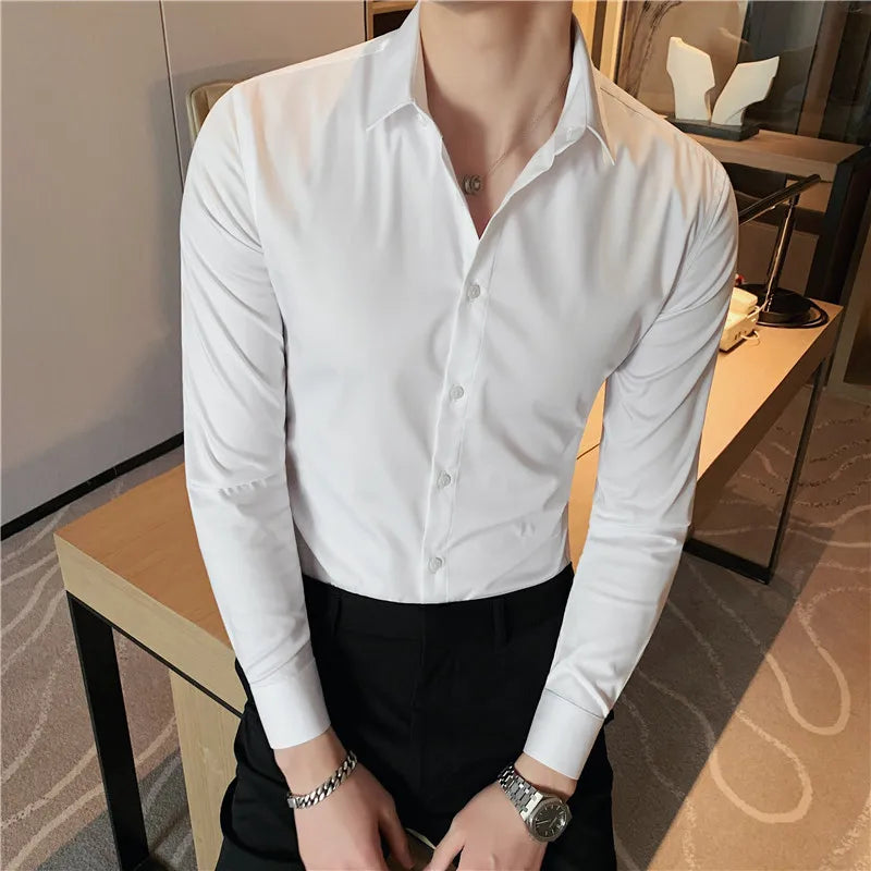 Hehope Top Quality Autumn New Solid Long Sleeve Tuxedo Shirt Men Clothing Simple All Match Slim Fit Business Shirts Formal Wear Blouses