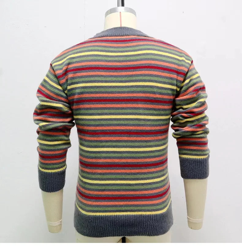 Hehope Autumn Winter Stripe Sweater O-Neck Slim Fit Men’s Retro Knitted Pullover Stitching Color Design Classic Sweaters Men Clothing