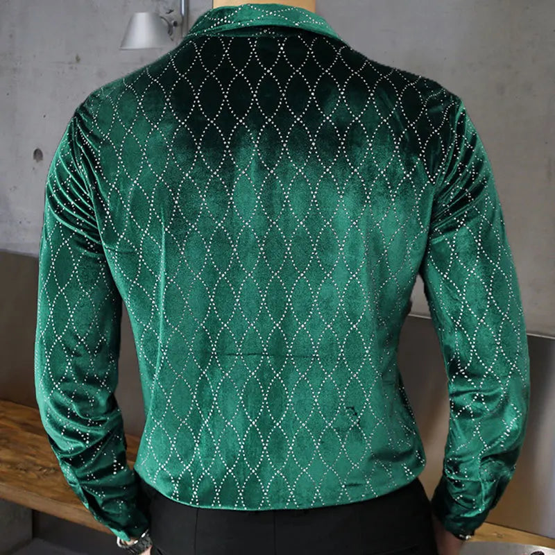 Hehope Fall British Men Gold Velvet Hollow Long Sleeve Shirt Slim Shirt Dark Green Camisa Social Masculina Men Dress Shirt