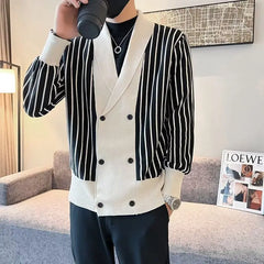 Hehope Autumn and Winter British Retro College Stripe Contrasting Suit Collar Double Breasted Long Sleeved Loose Fitting Sweater