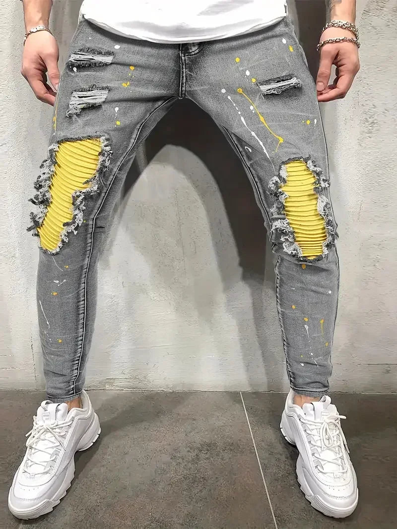 Hehope Men's Casual Creative Street Style High Stretch Paint Splatter Ripped Design Slim Fit Jeans Denim Pants For Spring Summer