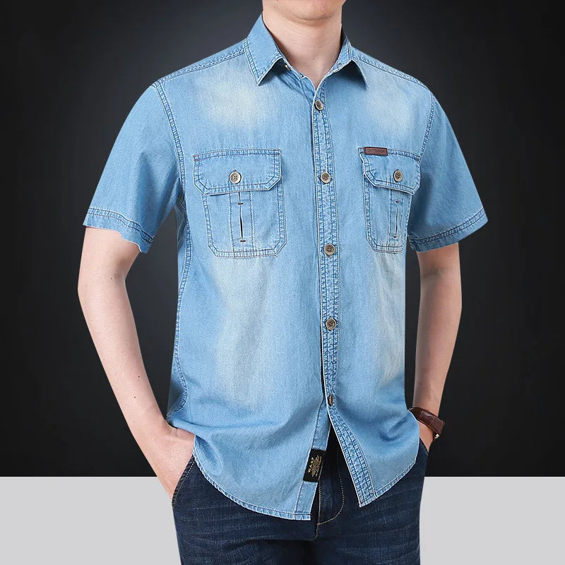 Hehope Summer New Simple Polo Collar Men Denim Short Sleeve Shirt Comfortable Thin Mens Top Casual Loose Male Shirts