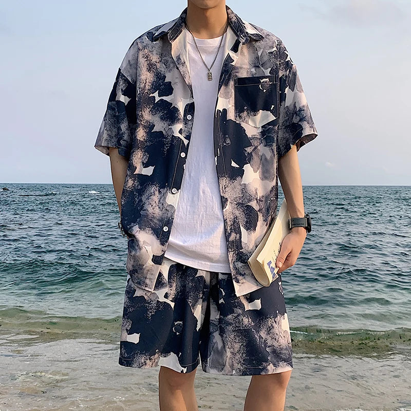 Hehope Summer Men Shorts Set Matching Shirts Letter Striped Floral Printing Outfits Short Sleeve Elastic Waist Thin Oversize Suit Man