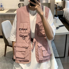 Hehope Black Pink Pocket Vests Men Fashion Retro Casual Cargo Sleeveless Jacket Male Japanese Streetwear Loose Hip Hop Vest