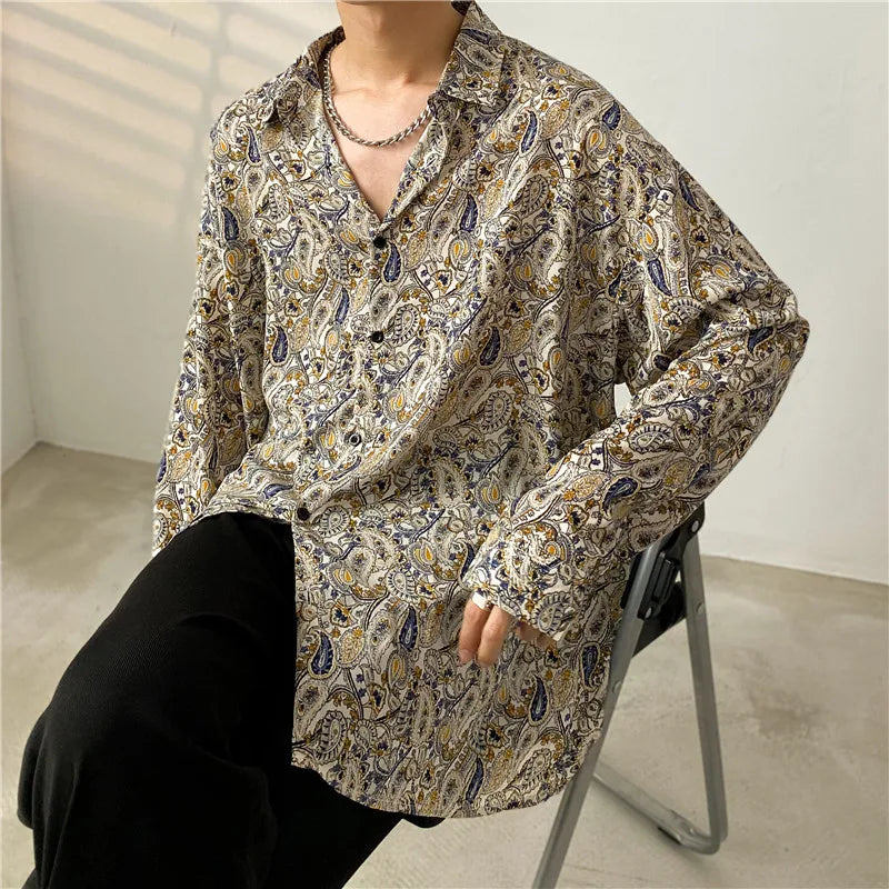 Hehope Spring Autumn New Cashew Flower Print Long-sleeved Shirt Korean style Loose Casual Tee Tops Men All-Match Blouse