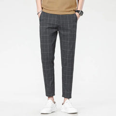 Hehope Fashion Minimalist Summer Casual Pants Men Elastic Plaid Thin Style Pockets Business Versatile Straight Ankle Length Trousers