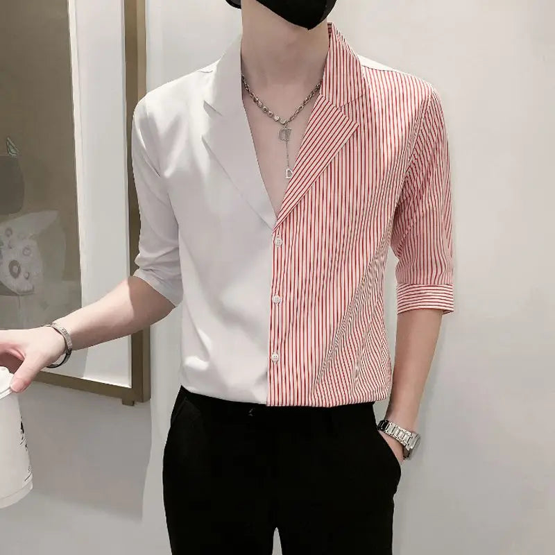 Hehope Men's Clothing Korean Fashion Casual Striped Patchwork Asymmetrical V-neck Temperament Button Handsome Spring Summer Shirts