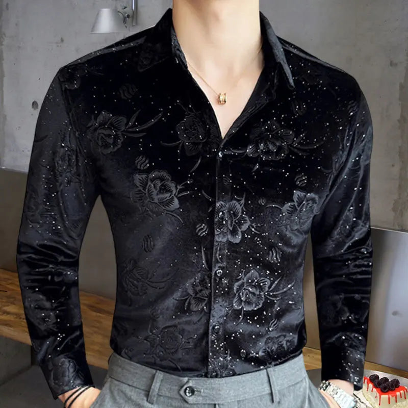 Hehope Velvet Floral Pattern Men's Shirt Slim Chemise Homme Shirt Camisa Masculina Fall  Streetwear Social Party Nightclub Singer