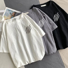 Hehope 2024 New Summer Fashion Versatile Simple Casual Loose Oversized Round Neck Printed Linen Short Sleeved T-shirt Couple Top