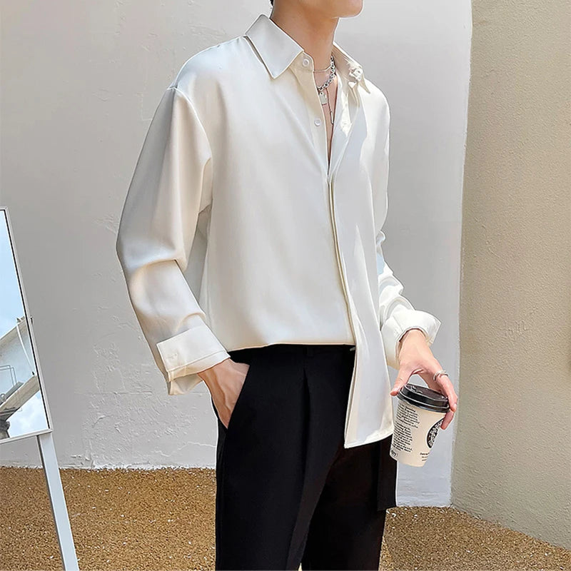 Hehope New England Men's Shirt Advanced Luxury Silky Drape Shirt Long Sleeve Solid Color Hidden Button Loose Casual Inner Shirt