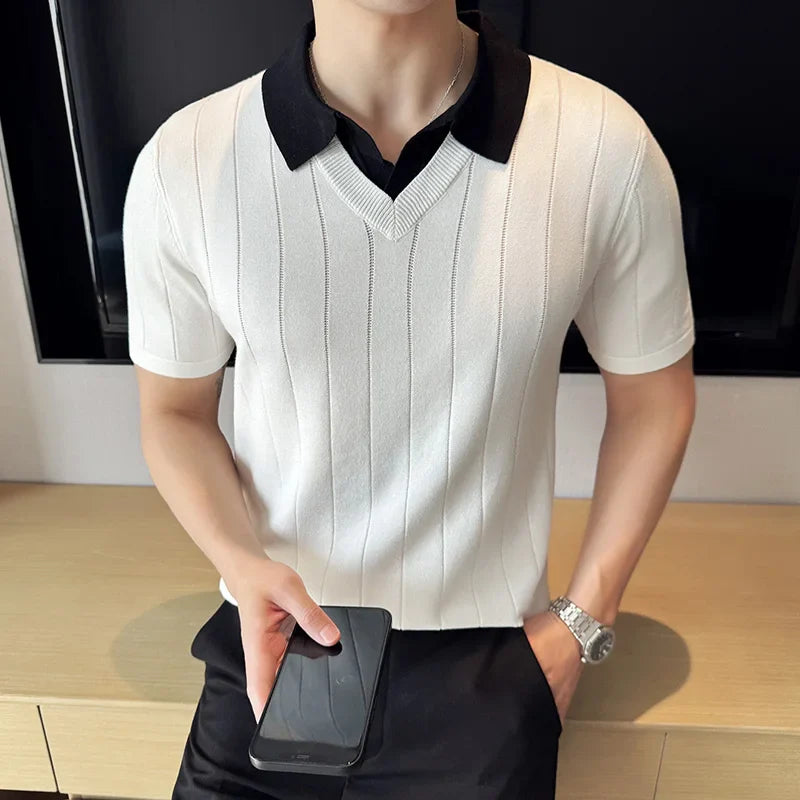 Hehope Korean Style Mens Knitted Polos Shirts Fake Two Piece Contrast Collar Striped Summer Short Sleeve Casual Slim Fit Tops Tees Man