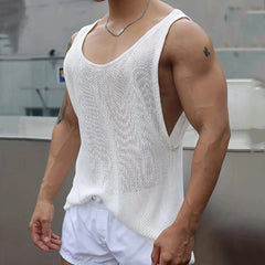 Hehope Summer Thin Knit Vest Men Loose Sleeveless T-shirt Tank Top Sexy Solid Color Hollowed Out Tees Tshirts Knitwear Clothing For Men