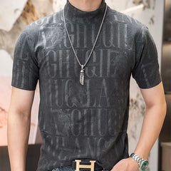 Hehope Spring Autumn Season New Solid Jacquard Half High Neck Short Sleeve T-shirt Men Slim Warm Breathable Casual Versatile Thick Top