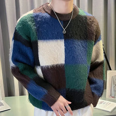 Hehope Plaid Contrasting Color Stitching Print Knitted Sweater Men Pull Homme O-Neck Pullover Korean Sweater Color Fall Winter Sweater