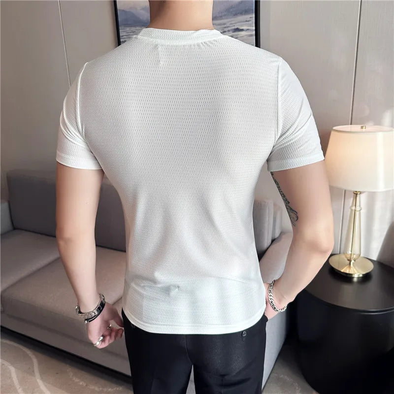 Hehope Men T Shirt Summer New Thin Ice Silk Solid Casual Short Sleeved Elastic Slim Fit T-shirt Tops Korean Fashion Men Clothing