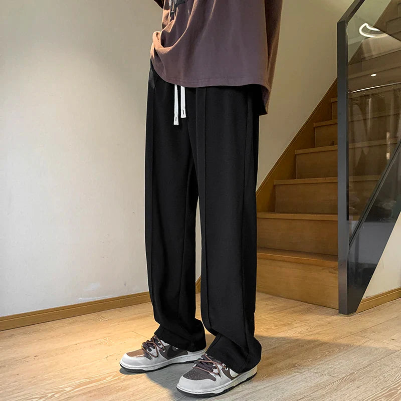 Hehope Gray/Black Spring Summer Ice Silk Straight Pants Men's Pleated Loose Casual Mopping Trousers Trend Daily Streetwear Harem Pants