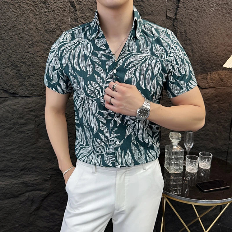 Hehope 2024 Summer Leaf Jacquard Shirt for Men Slim Fit Lapel Short Sleeve Casual Shirts fashion Social Party Tuxedo nightclub Blouse