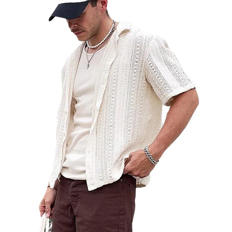 Hehope Vintage Embroidery Knitting Mens Shirts Summer Beach Fashion Loose Short Sleeve Knit Tops For Men New Casual Knitted Cardigans