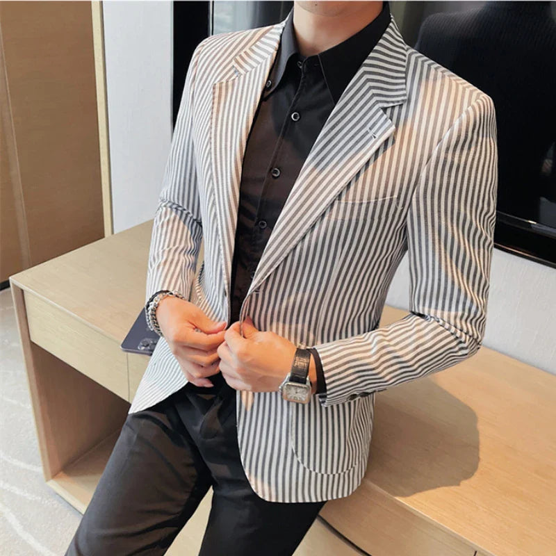 Hehope High Quality Autumn Striped Suit Jacket for Men Fashion Slim Fit Casual Business Blazers Masculino Wedding Social Men Clothing