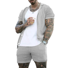 Hehope Sexy See Through Hollow Out Mesh Knit Two Piece Suits Men Summer Fashion Short Sleeve Shirts And Shorts Sets Mens Outfits Beach