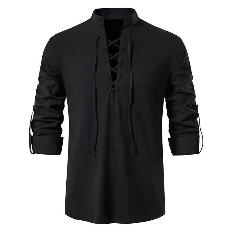 Hehope Man Shirts High Quality Fashion Men Bandage Neck Long Sleeve Cotton Linen Shirt Man Blouse Folk Retro Fashion Male Clothing