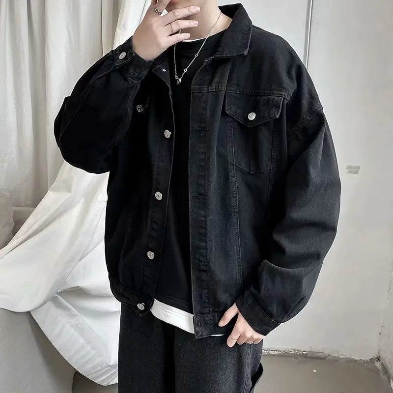 Hehope Black Denim Short Jacket Men Turn Down Collar Bomber Jacket Jeans Coats Casual Pockets Overalls Streetwear Man Clothing Outwear