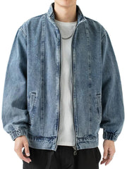 Hehope Stand Collar Denim Jacket Men Casual Autumn Zip Closure Jacket Coat Loose Baggy Blue Retro Jacket Man Fashion Clothing