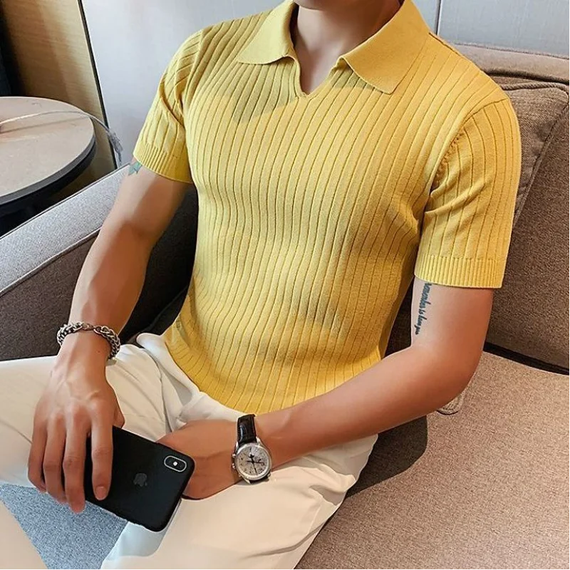 Hehope Korean Business Casual Summer New Ice Silk Men's Short Sleeved Polo Shirt Lapel Solid Jacquard Stripe Screw Thread Slim Thin Top