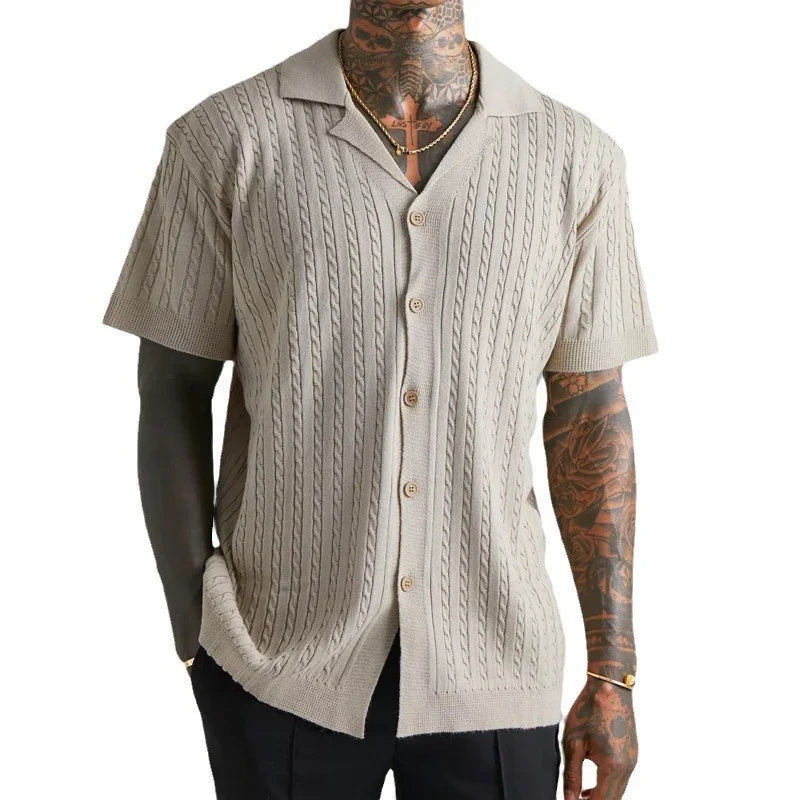 Hehope 2024 Summer Casual Shirts Men Knitwear Short Sleeve Buttoned Lapel Cardigan Tops Mens Fashion Twist Jacquard Knitted Shirt Male