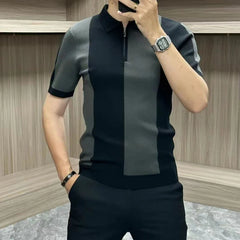 Hehope Summer New Smart Casual Lapel Men's Short Sleeved Polo Shirt Panelled Zipper Knitted Patchwork Minimalist Fashion Versatile Tops