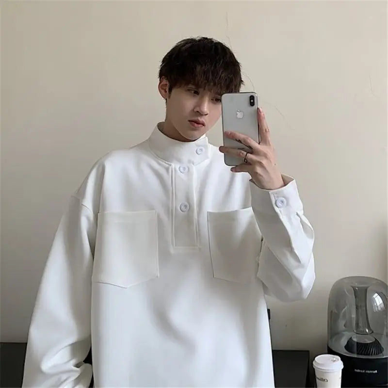 Hehope Autumn Blouse Shirt for Men Half High Collar Simplicity Style Long Sleeved Solid Color Shirt Male Blouses Ropa Hombre