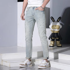 Hehope 2024 Summer Thin Jeans Men's Fashion Rhinestone Design Stretch Slim Fit Skinny Casual Fashion Brand Light Blue Pants