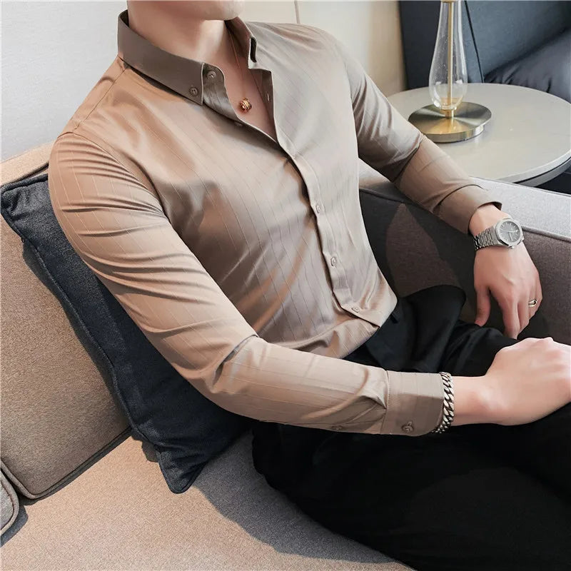 Hehope British Style Men Long Sleeved Shirt 2024 Autumn Anti-wrinkle Soft Solid Casual Elastic Slim Fit Camisas Y Blusas Men Clothing