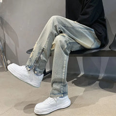 Hehope New Fashion Male High Quality Light Blue Casual Retro Ripped Jeans Men High Street Zipper Cotton Denim Trousers S-3XL