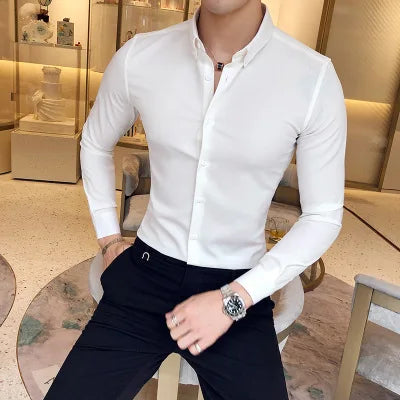 Hehope Mens Exquisite Solid Color Shirt Yingya Gentleman Style Youth High-quality Long-sleeved Business Men's Casual Slim-fit Shirt