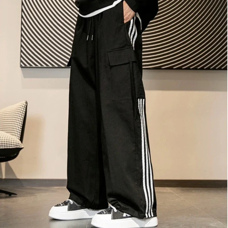 Hehope Japanese Retro Striped Cargo Pants Men Loose Casual Full Length Drawstring High Waist Straight Leg Pants Sports Streetwear Male