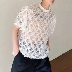 Hehope Summer Men's O Neck T-shirt Loose Short Sleeve Sexy Sheer Lace Tee Shirts New Fashion 2024 New Trendy Menwear Unisex Pullover