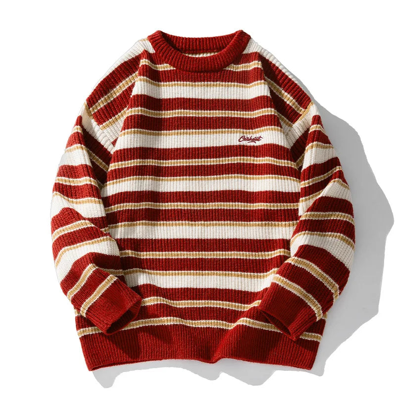 Hehope Lazy Retro Striped Sweater Men Women Autumn Winter Thick Knit Casual Embroidered Knit Pullover Sweater Jacket Couple